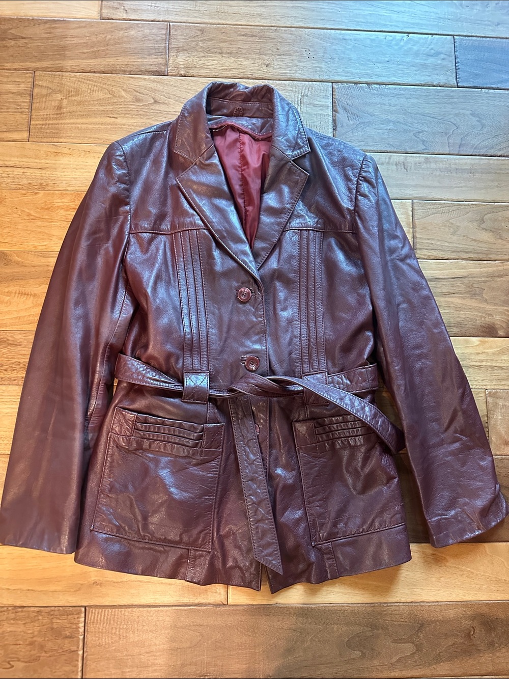 Vtg burgundy genuine leather car coat sz 14